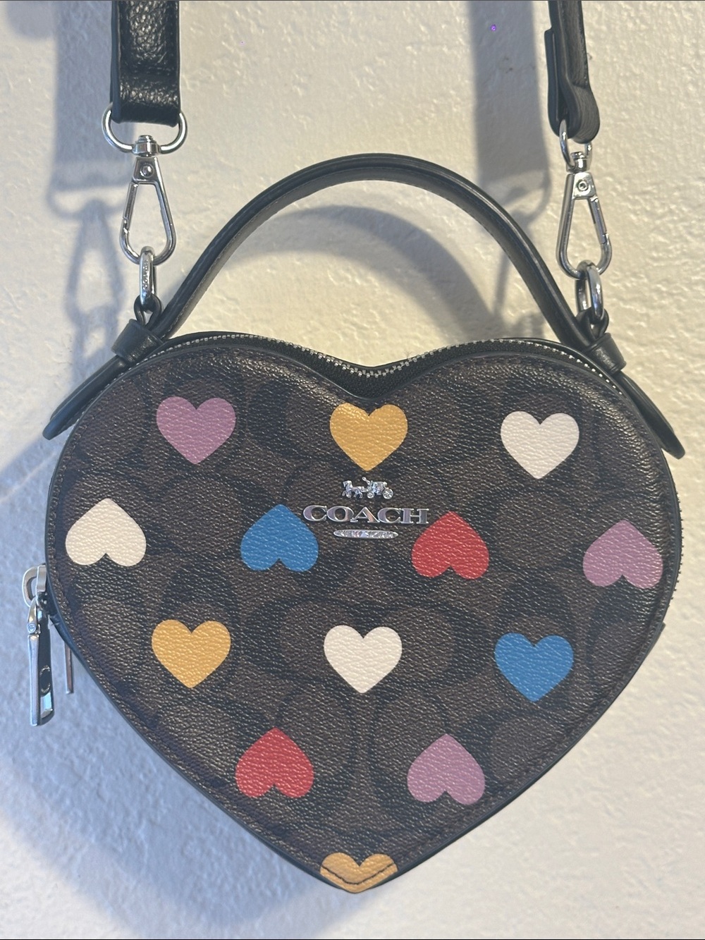 Coach Heart-Shaped Mini Bag in Brown with Multicolor Hearts